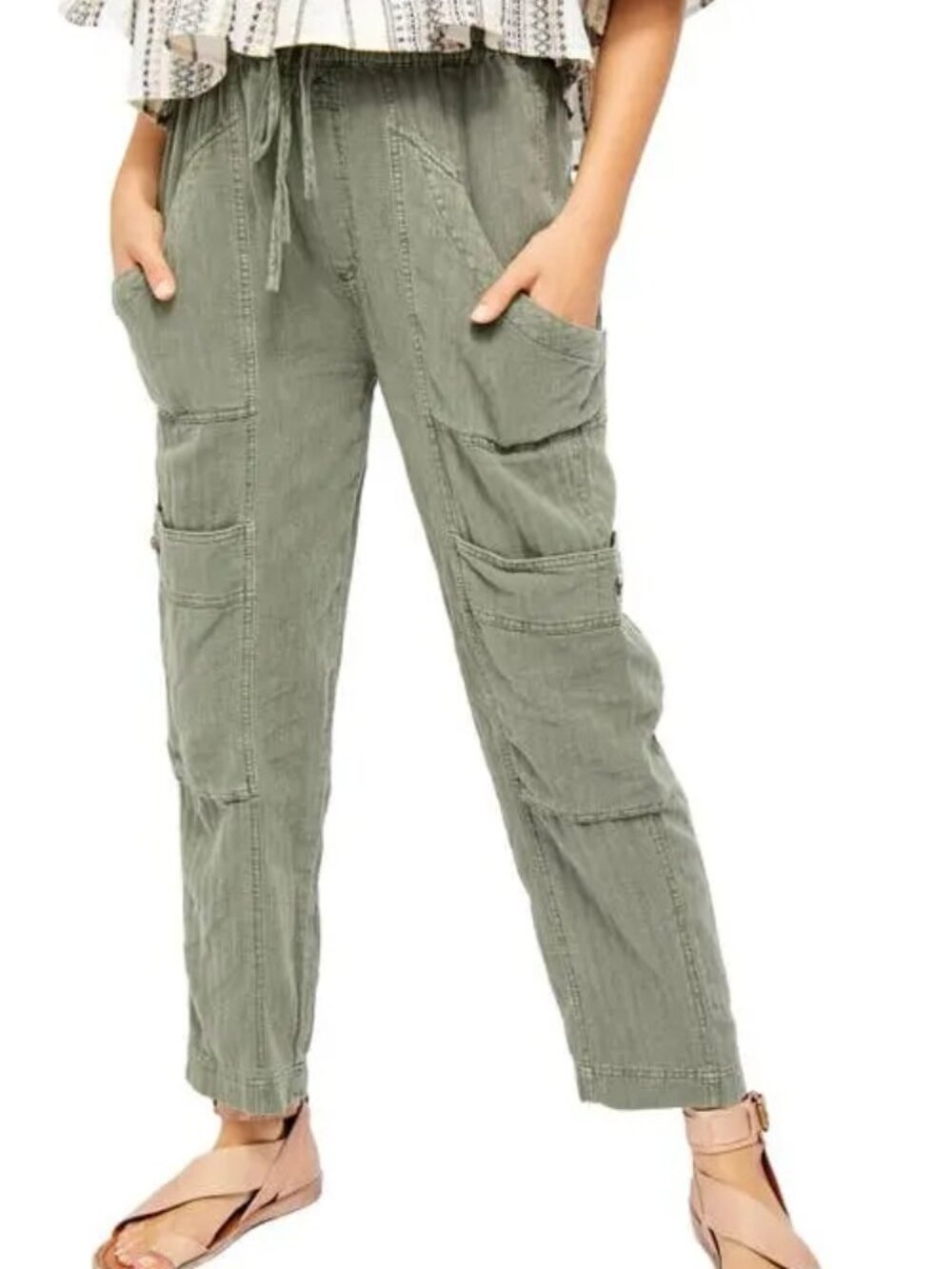 FREE PEOPLE Linen Blend Herringbone Cargo Utility Drawstring Olive Pants Size M